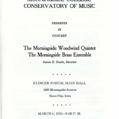 Morningside College Conservatory of Music Woodwind Quintet and Brass Ensemble in Concert, March 06, 1956