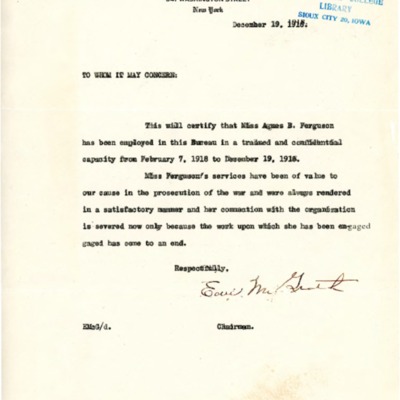 Letter of Employment to Professor Agnes B. Ferguson from Postal Censorship Committee